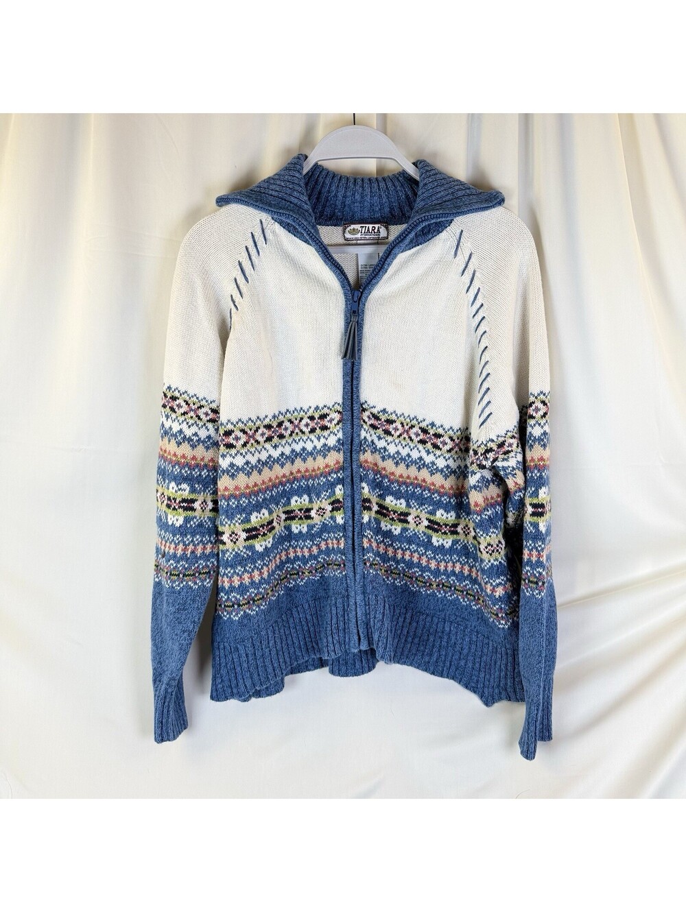 Tiara International Sweater Womens Blue Ivory Cardigan Full Zip High Neck